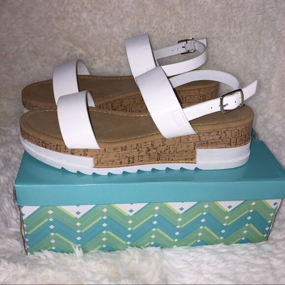 New Anna White Strappy Platform Wedge Cork Sandals Summer Spring - Picture 1 of 8